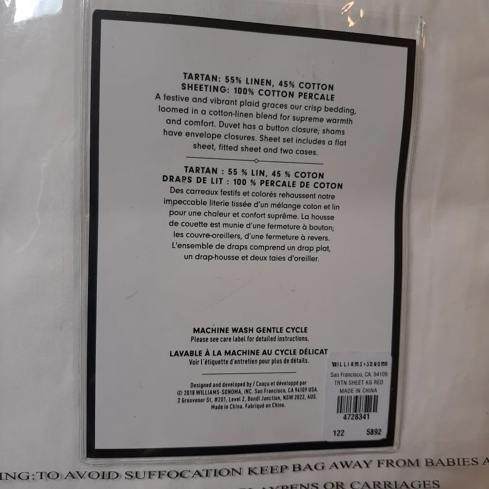 *Williams Sonoma Tartan King Sheet Set